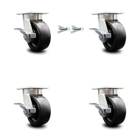 Service Caster 5 Inch Kingpinless Glass Filled Nylon Wheel Caster Brakes 2 Swivel Locks, 4PK SCC-KP30S520-GFNR-SLB-BSL-2-SLB-2